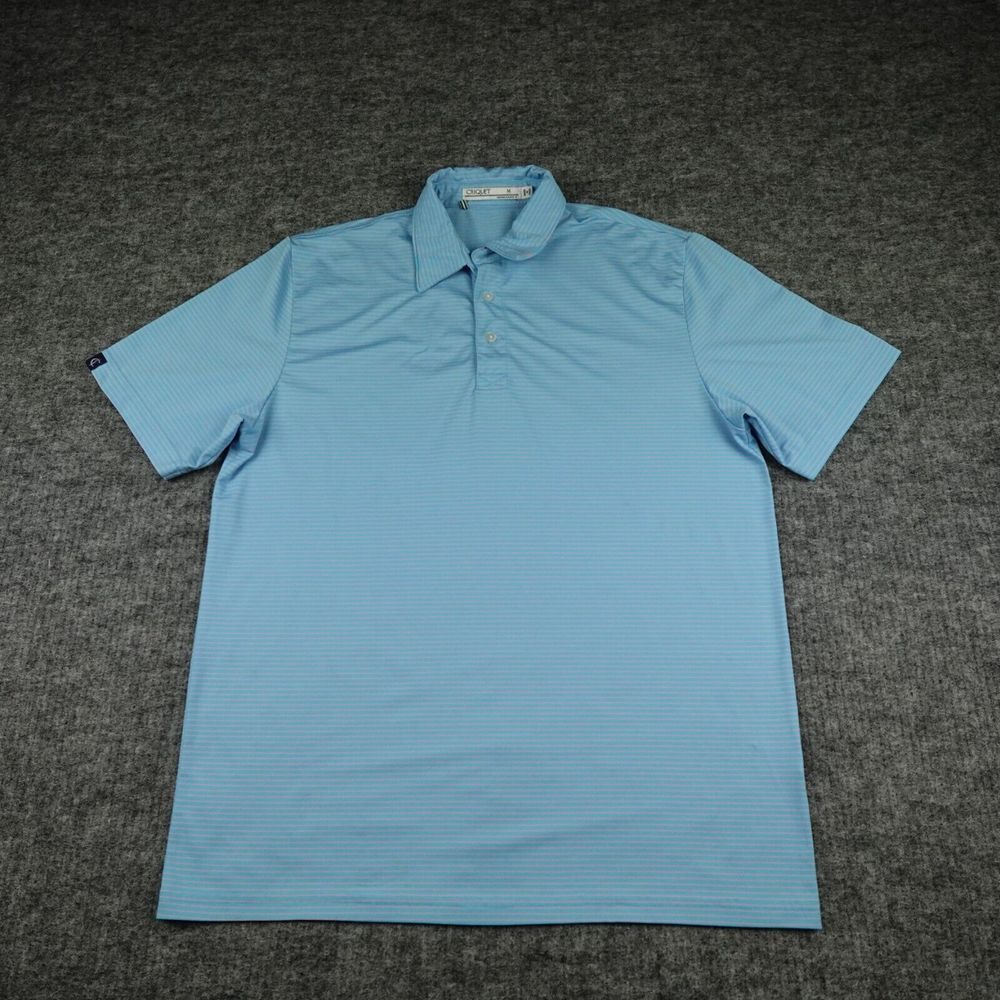 CRIQUET Polo Shirt Mens Medium Blue Striped Pink Performance Golf Short Sleeve-‎